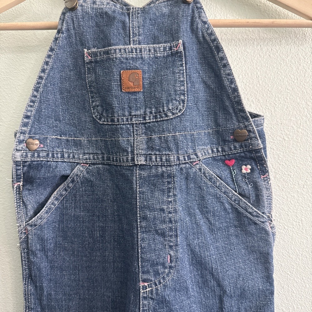 Carhartt Overalls Toddler 4T Blue Denim Bib Floral Embroidered Hearts buttons - Picture 2 of 8